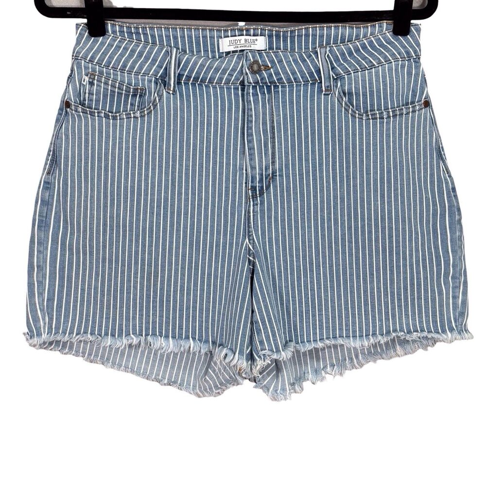 Judy Blue Cut Off Shorts Size 2XL Blue White Striped Raw Hem Stretch Denim